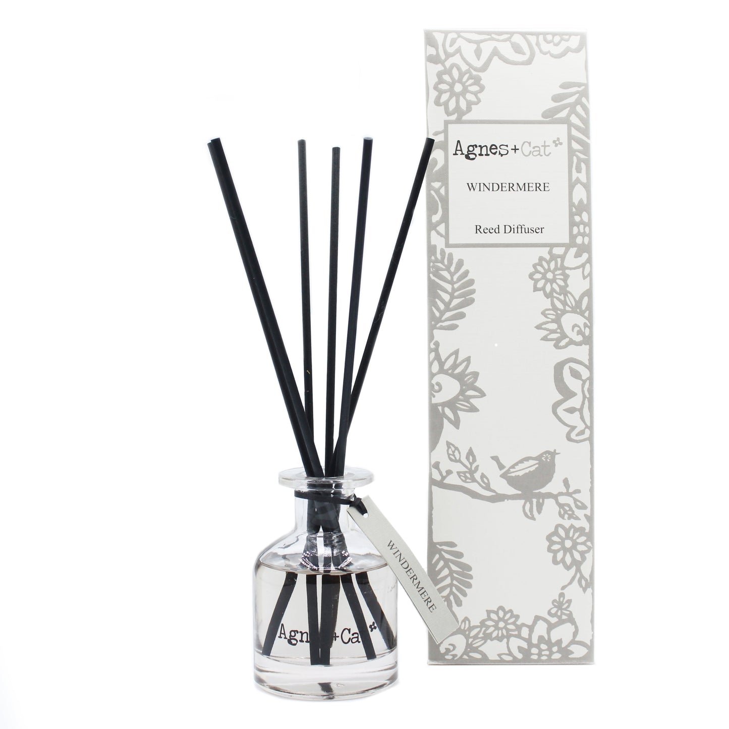 Reed Diffuser - Windermere - 140ml, clear bottle with black reeds beside a grey floral box, by Quintessential Holistic Health Ltd