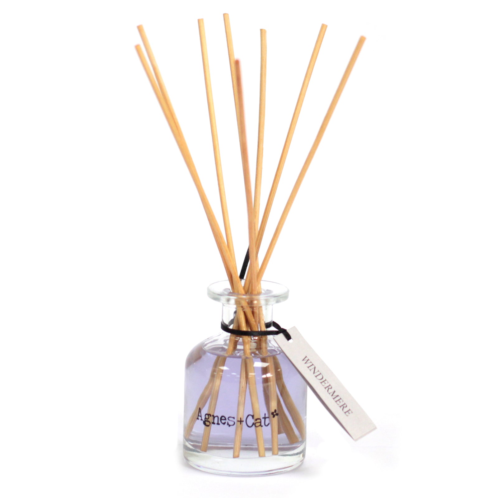 Reed Diffuser - Windermere - 140ml, pale purple bottle with natural-coloured reeds and a cream hanging tag, by Quintessential Holistic Health Ltd