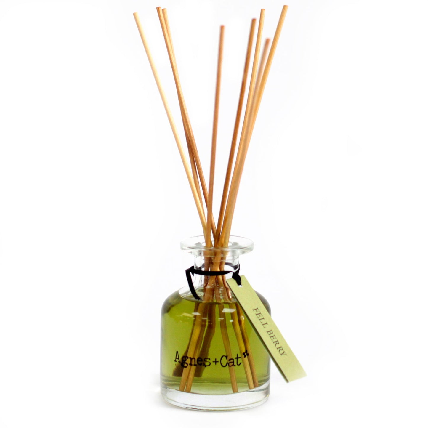 Reed Diffuser - Fell Berry - 140ml, green-tinted bottle with five natural-coloured reeds and a green hanging tag by Quintessential Holistic Health Ltd