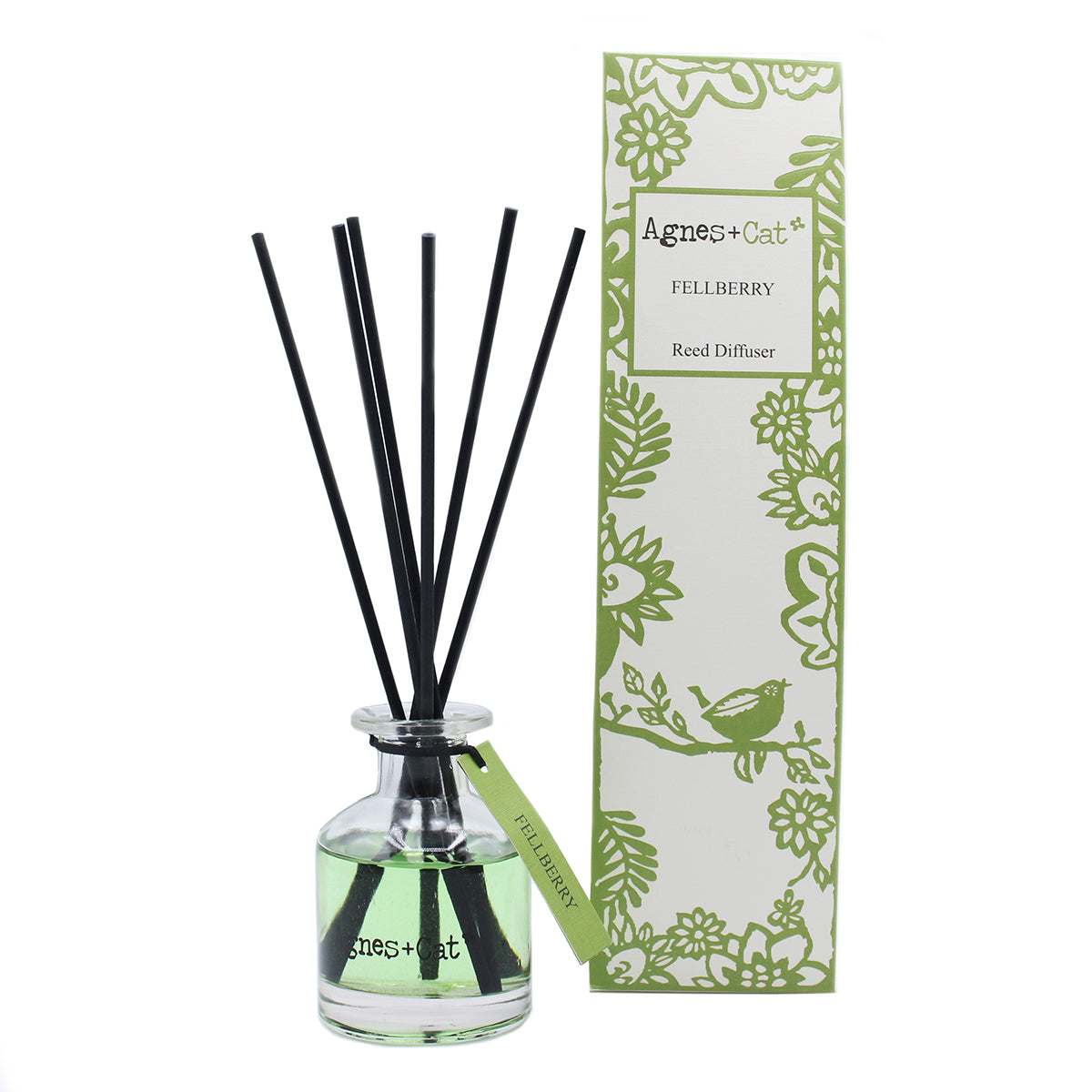 Reed Diffuser - Fell Berry - 140ml, green-tinted bottle with black reeds beside a green floral box by Quintessential Holistic Health Ltd