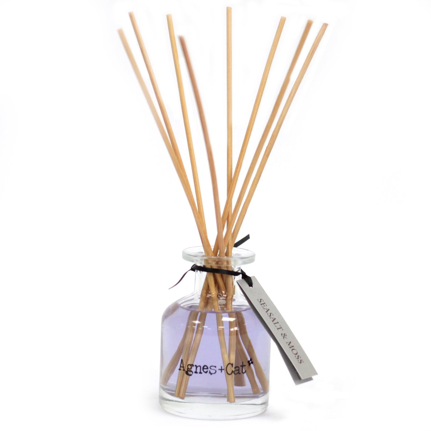 Reed Diffuser - Sea Salt and Moss - 140ml, pale purple-grey bottle with natural-coloured reeds and a grey hanging tag, by Quintessential Holistic Health Ltd