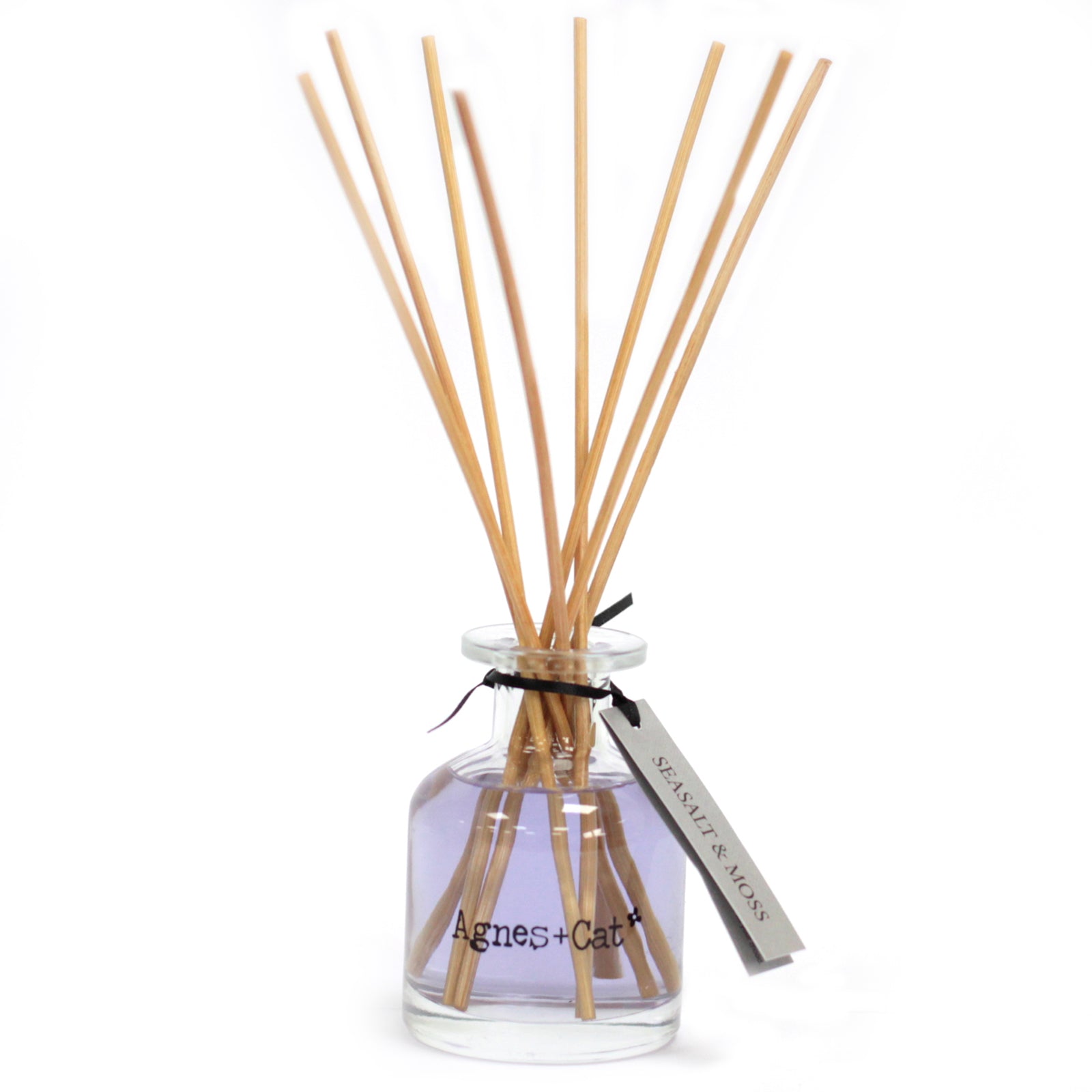Reed Diffuser - Sea Salt and Moss - 140ml, pale purple-grey bottle with natural-coloured reeds and a grey hanging tag, by Quintessential Holistic Health Ltd