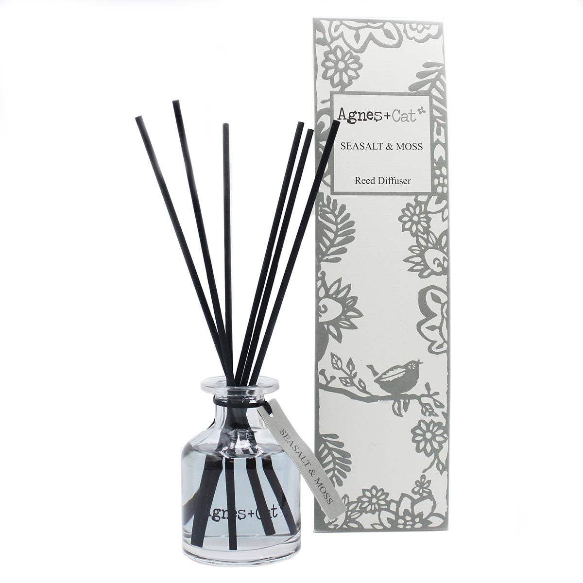 Reed Diffuser - Sea Salt and Moss - 140ml, smoky grey bottle with black reeds beside a grey floral box, by Quintessential Holistic Health Ltd