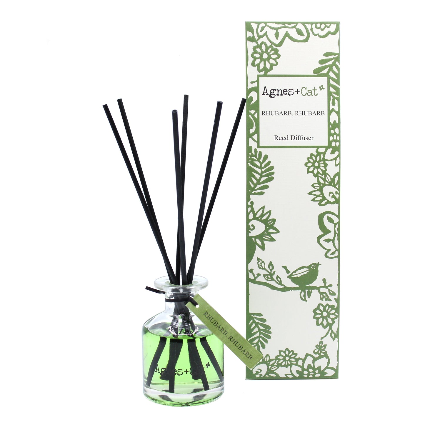 Reed Diffuser - Rhubarb Rhubarb - 140ml, bright green bottle with black reeds beside a green floral box, by Quintessential Holistic Health Ltd