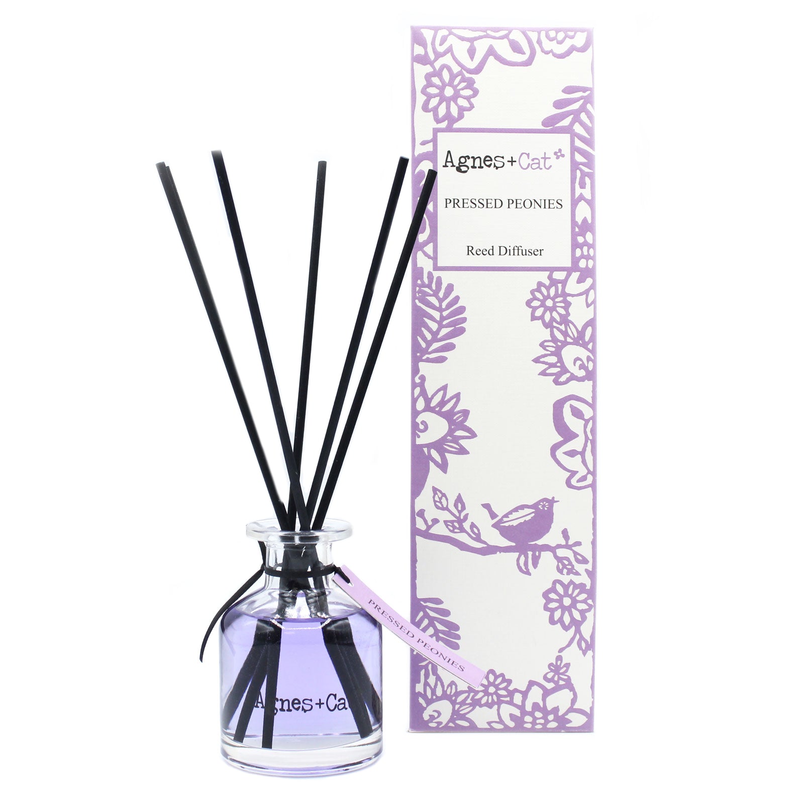 Reed Diffuser - Pressed Peony Rose - 140ml, pale purple bottle with black reeds beside a purple floral box by Quintessential Holistic Health Ltd