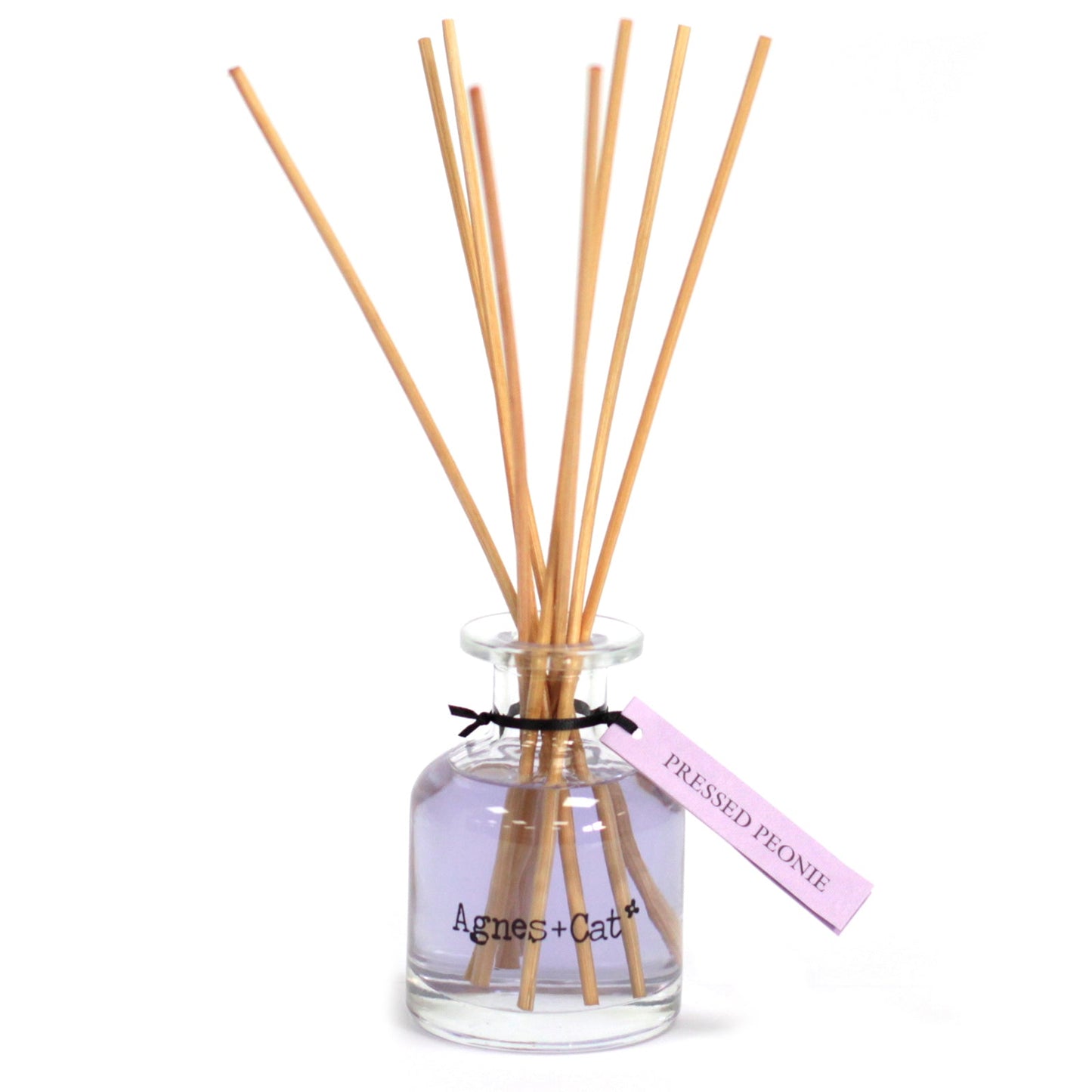 Reed Diffuser - Pressed Peony Rose - 140ml, pale lilac bottle with fanned natural-coloured reeds and a purple tag by Quintessential Holistic Health Ltd