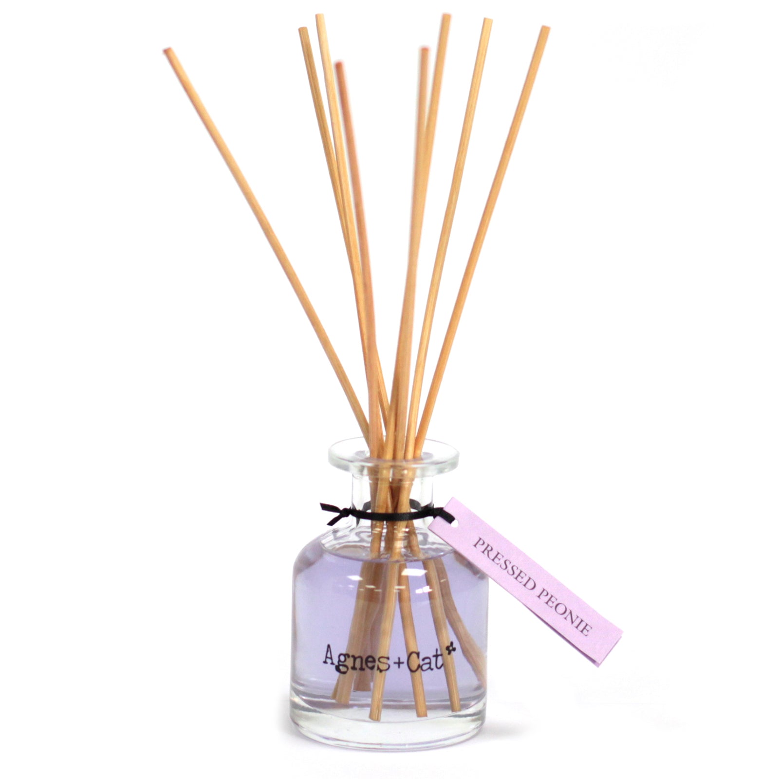 Reed Diffuser - Pressed Peony Rose - 140ml, pale lilac bottle with fanned natural-coloured reeds and a purple tag by Quintessential Holistic Health Ltd