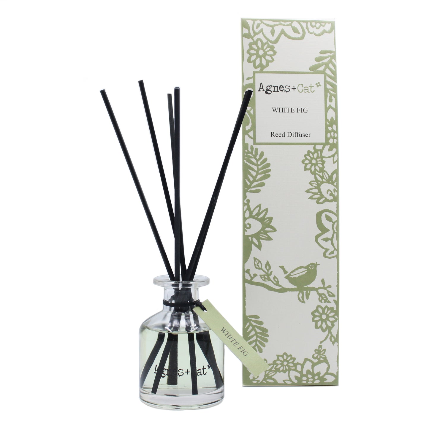 Reed Diffuser - White Fig - 140ml, smoky grey-green bottle with black reeds beside a green floral box, by Quintessential Holistic Health Ltd
