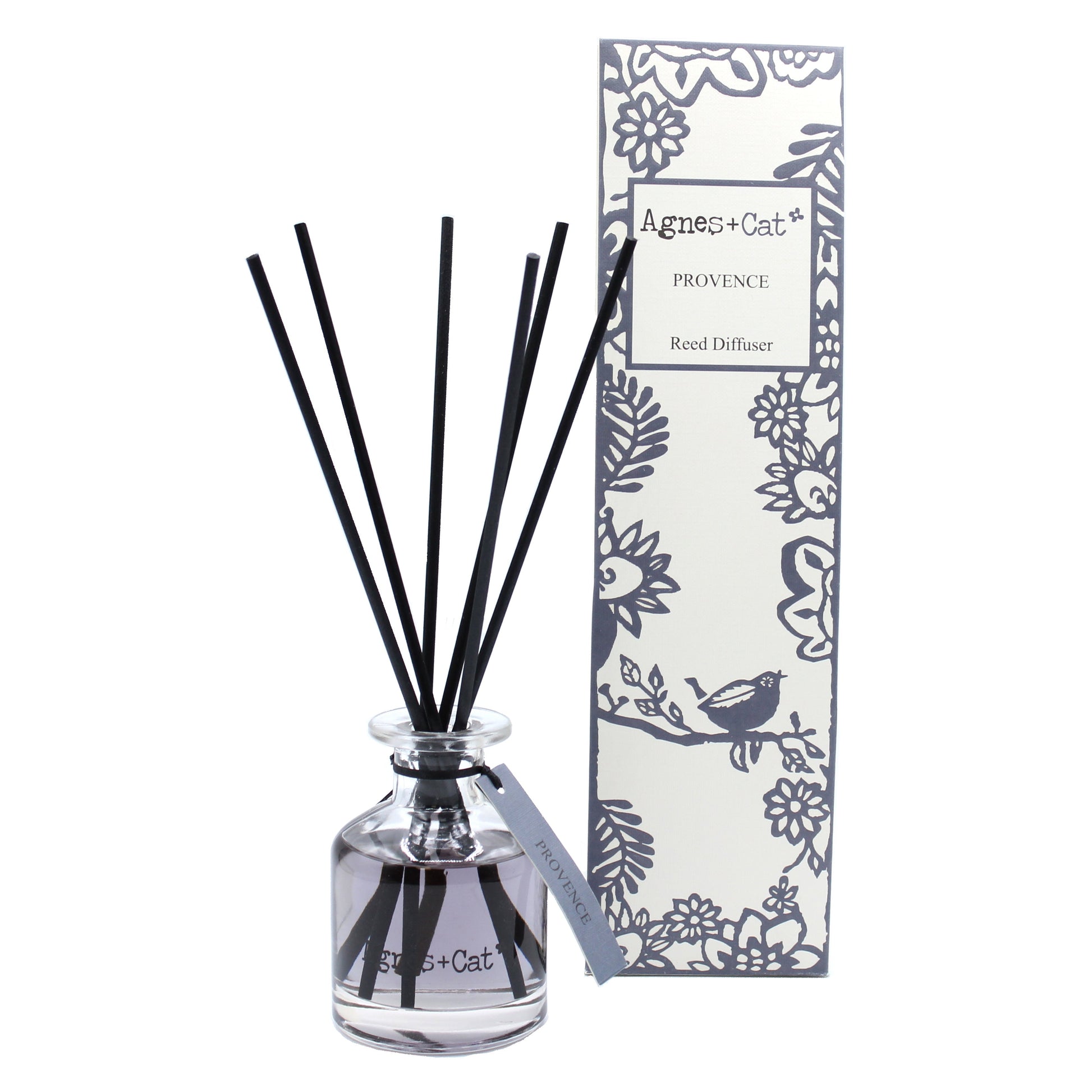 Reed Diffuser - Provence - 140ml, clear pale-purple bottle with black reeds beside a dark blue floral box by Quintessential Holistic Health Ltd