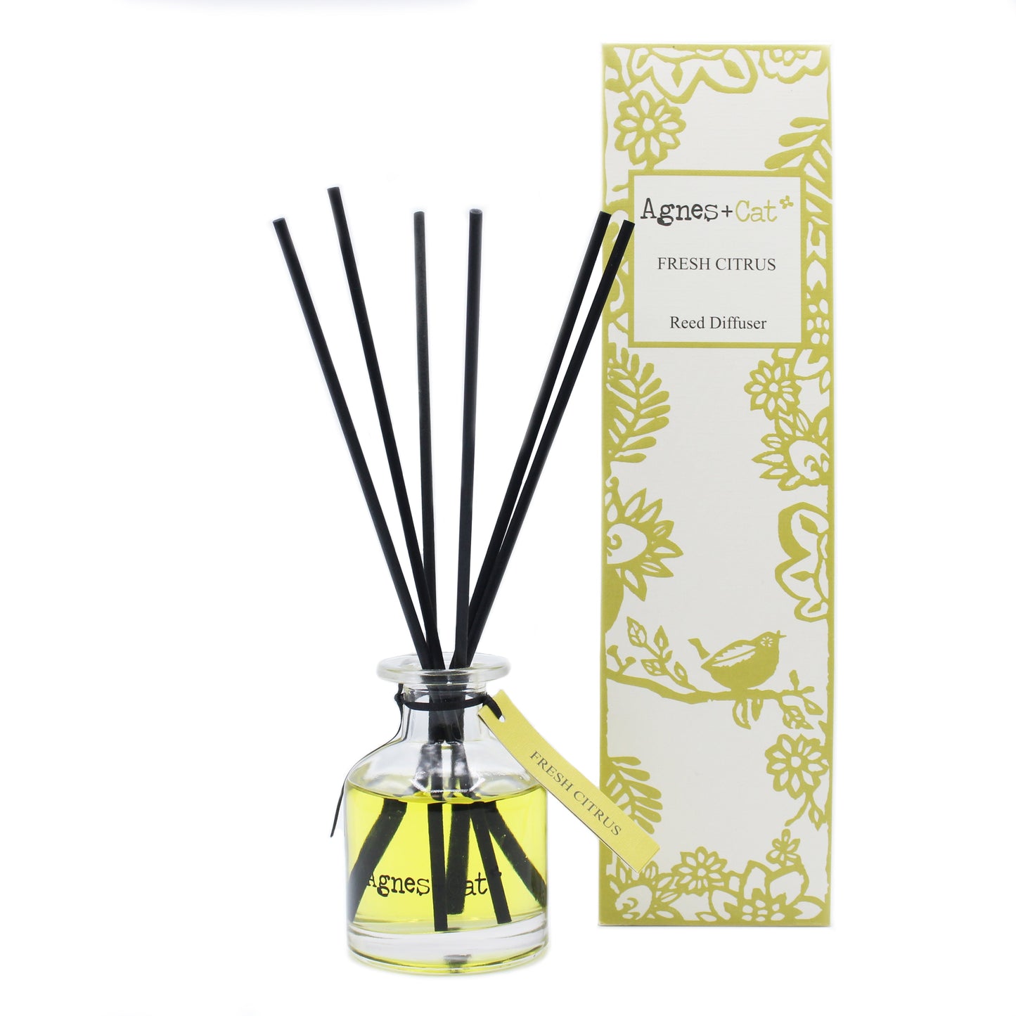Reed Diffuser - Fresh Citrus - 140ml, pale yellow-green bottle with black reeds beside a green floral box by Quintessential Holistic Health Ltd