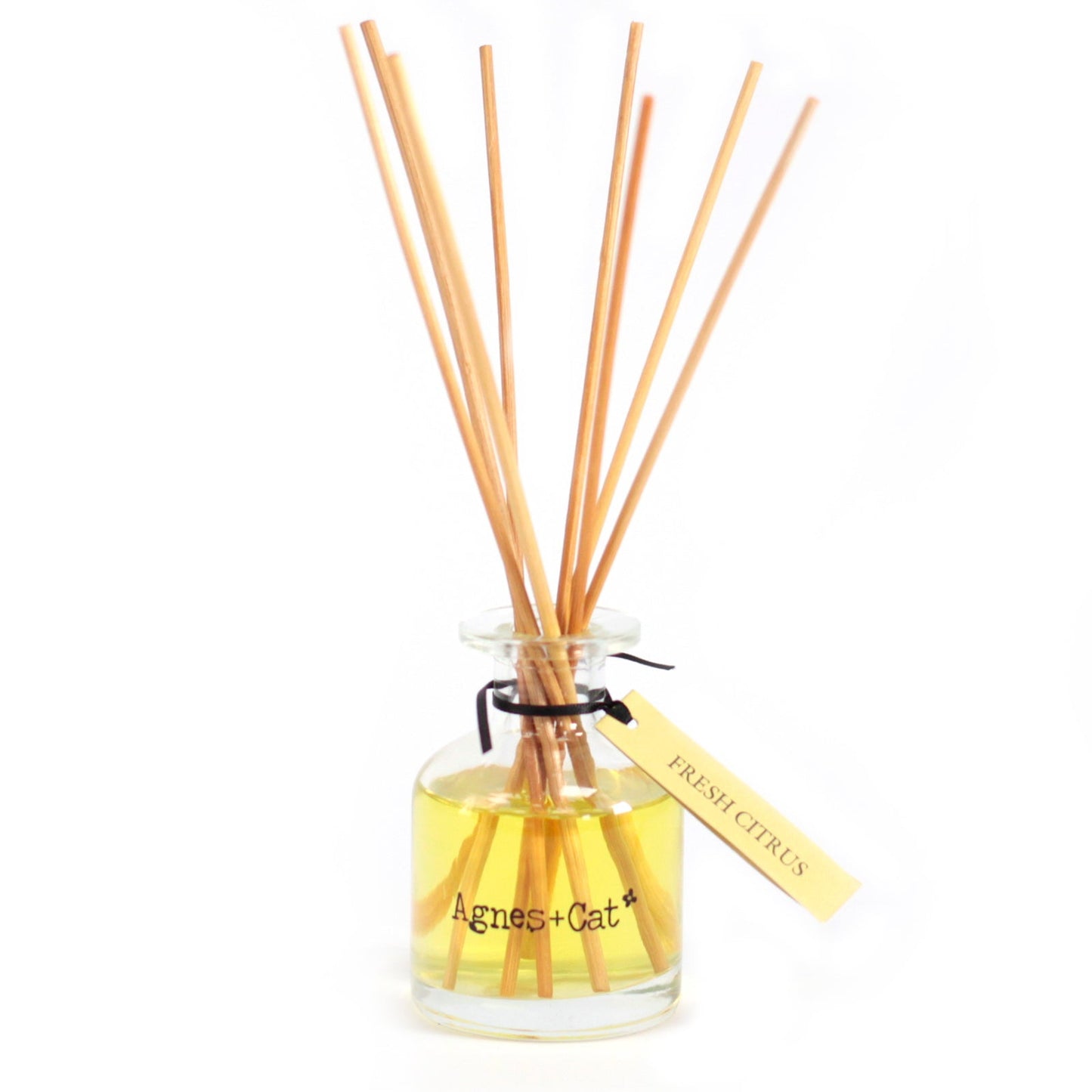 Reed Diffuser - Fresh Citrus - 140ml, golden bottle with five natural-coloured reeds and a yellow hanging tag by Quintessential Holistic Health Ltd