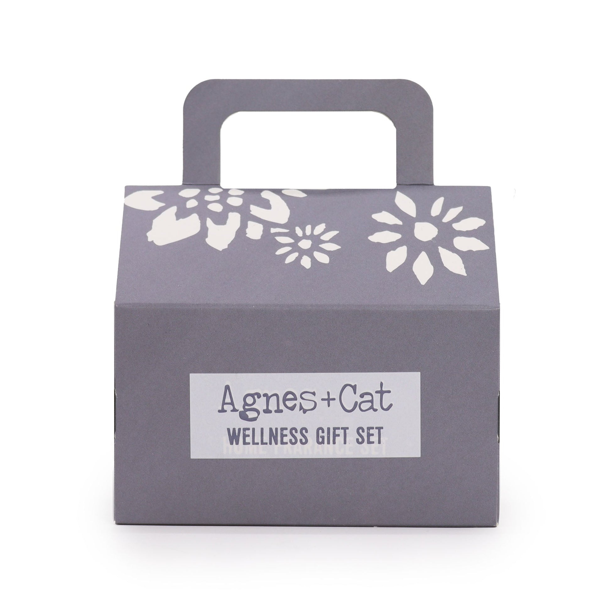 Handmade Personal Wellness Gift Set - Lake Breeze, closed grey box with white floral decoration and a printed label, by Quintessential Holistic Health Ltd