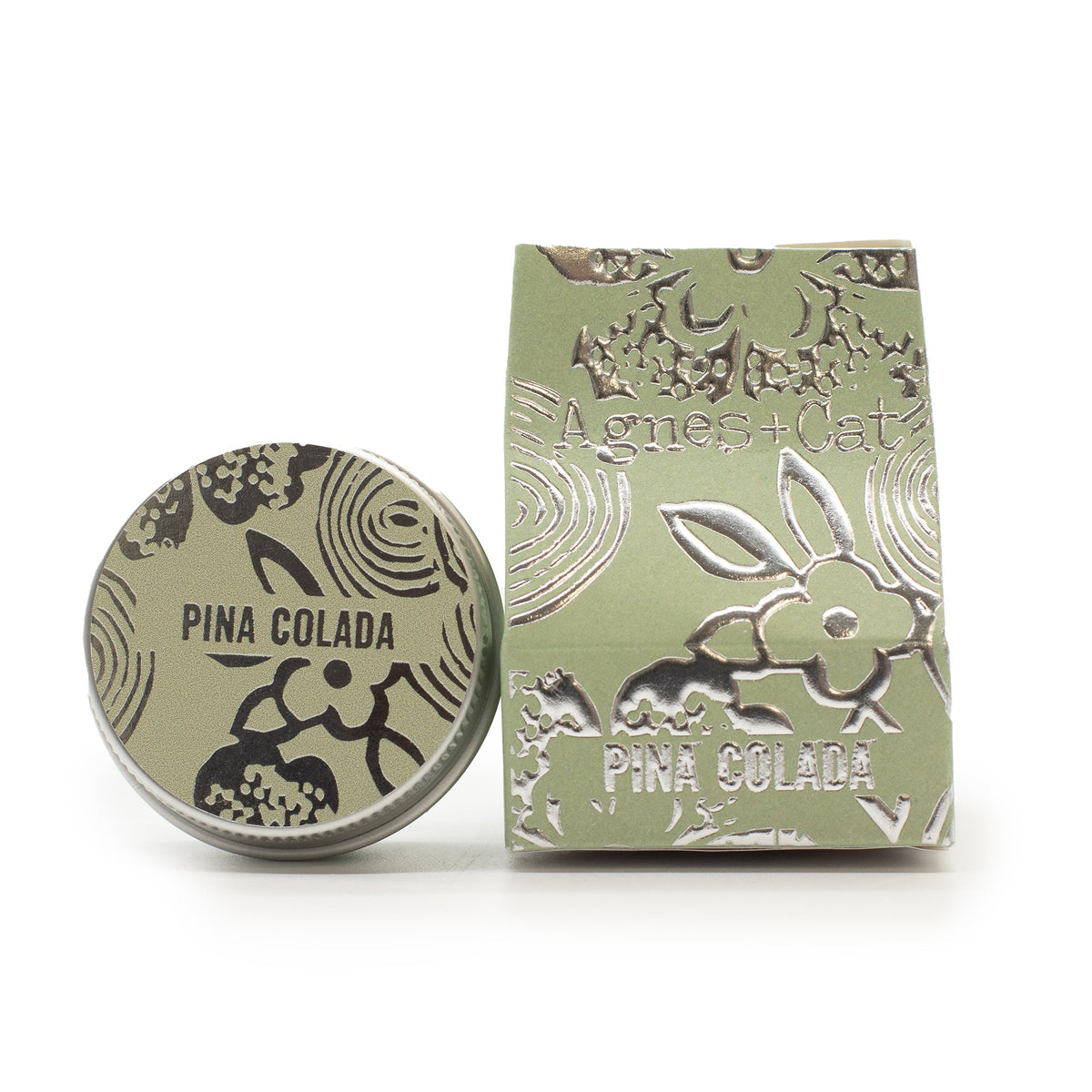 Hand-Poured Vegan-Friendly Natural Lip Balm - Pina Colada with an olive-green illustrated round tin and matching box by Quintessential Holistic Health Ltd