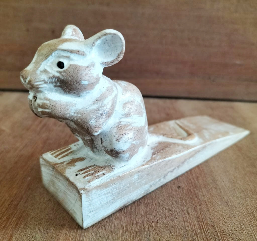 Hand-Carved Eco-Friendly Wooden Animal Doorstop - Dormouse product packaging on clean background from Quintessential Holistic Health Ltd