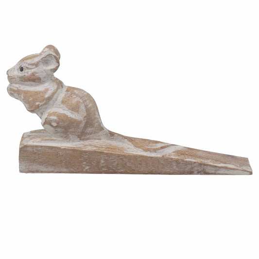 Hand-Carved Eco-Friendly Wooden Animal Doorstop - Dormouse product packaging on clean background from Quintessential Holistic Health Ltd