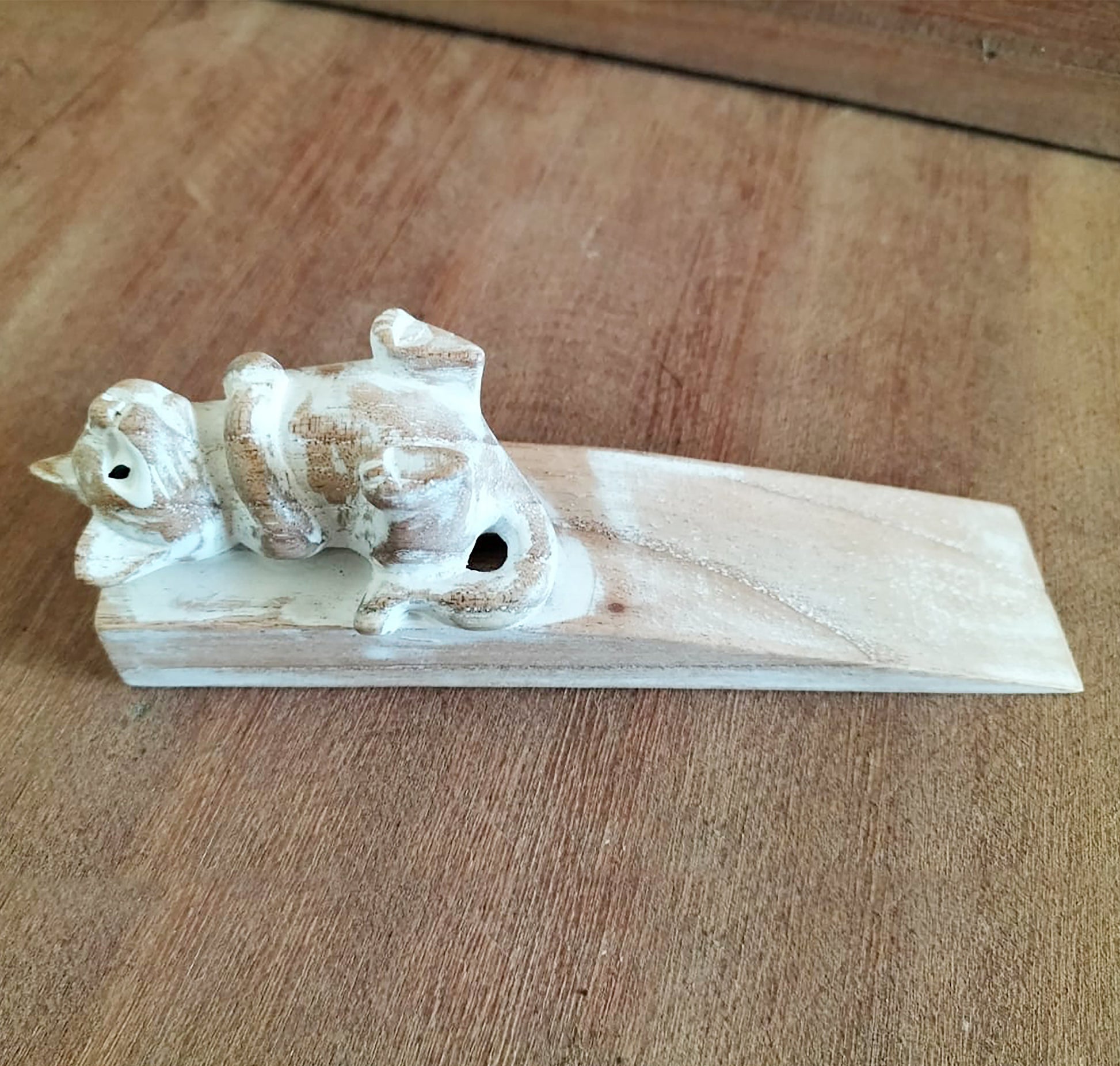 Hand-Carved Eco-Friendly Wooden Animal Doorstop - Kitten product packaging on clean background from Quintessential Holistic Health Ltd