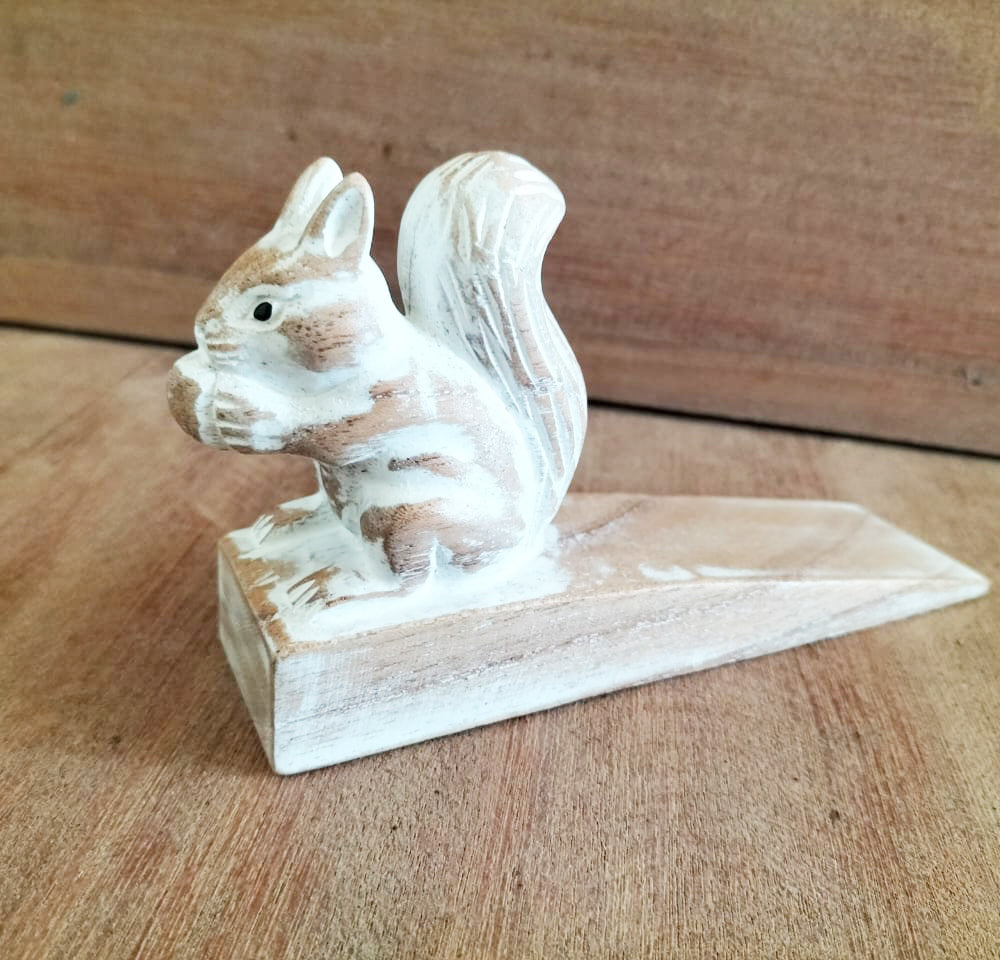 Hand-Carved Eco-Friendly Wooden Animal Doorstop - Squirrel product packaging on clean background from Quintessential Holistic Health Ltd
