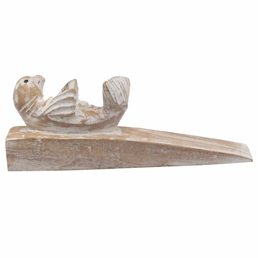 Hand-Carved Eco-Friendly Wooden Animal Doorstop - Baby Seal product packaging on clean background from Quintessential Holistic Health Ltd