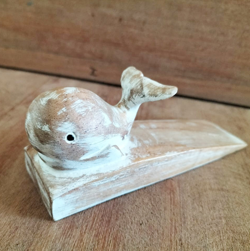 Hand-Carved Eco-Friendly Wooden Animal Doorstop - Whale product packaging on clean background from Quintessential Holistic Health Ltd