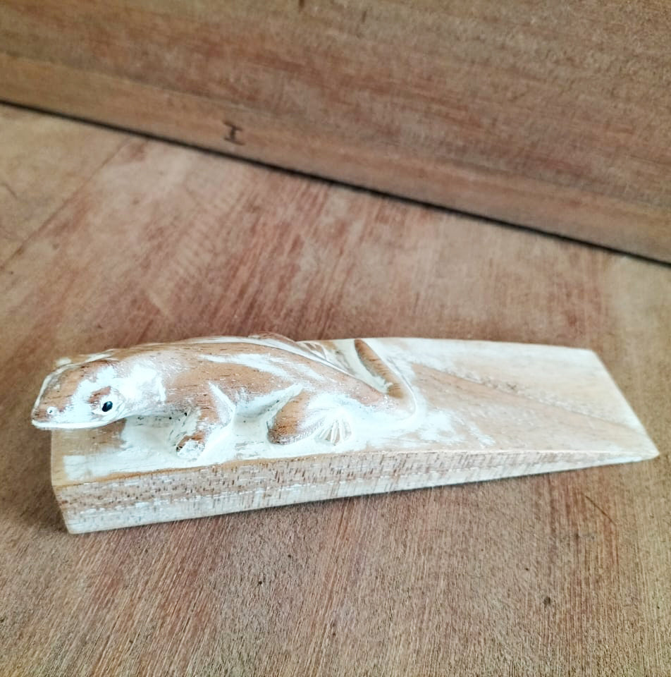Hand-Carved Eco-Friendly Wooden Animal Doorstop - Gecko product packaging on clean background from Quintessential Holistic Health Ltd