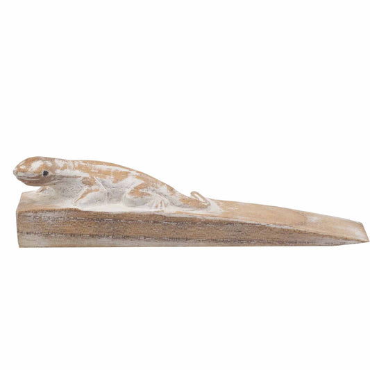 Hand-Carved Eco-Friendly Wooden Animal Doorstop - Gecko product packaging on clean background from Quintessential Holistic Health Ltd