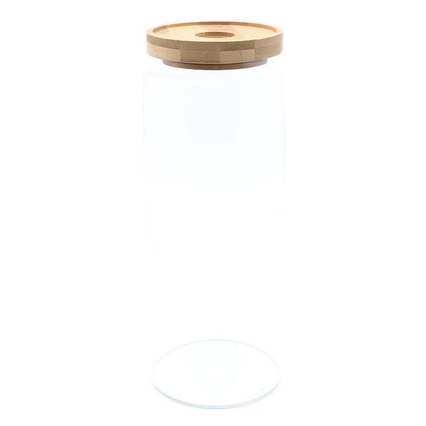 Cottage Bamboo Glass Jar with Bamboo Lid - 25 cm, tall empty clear cylindrical jar with a round wooden-look lid by Quintessential Holistic Health Ltd