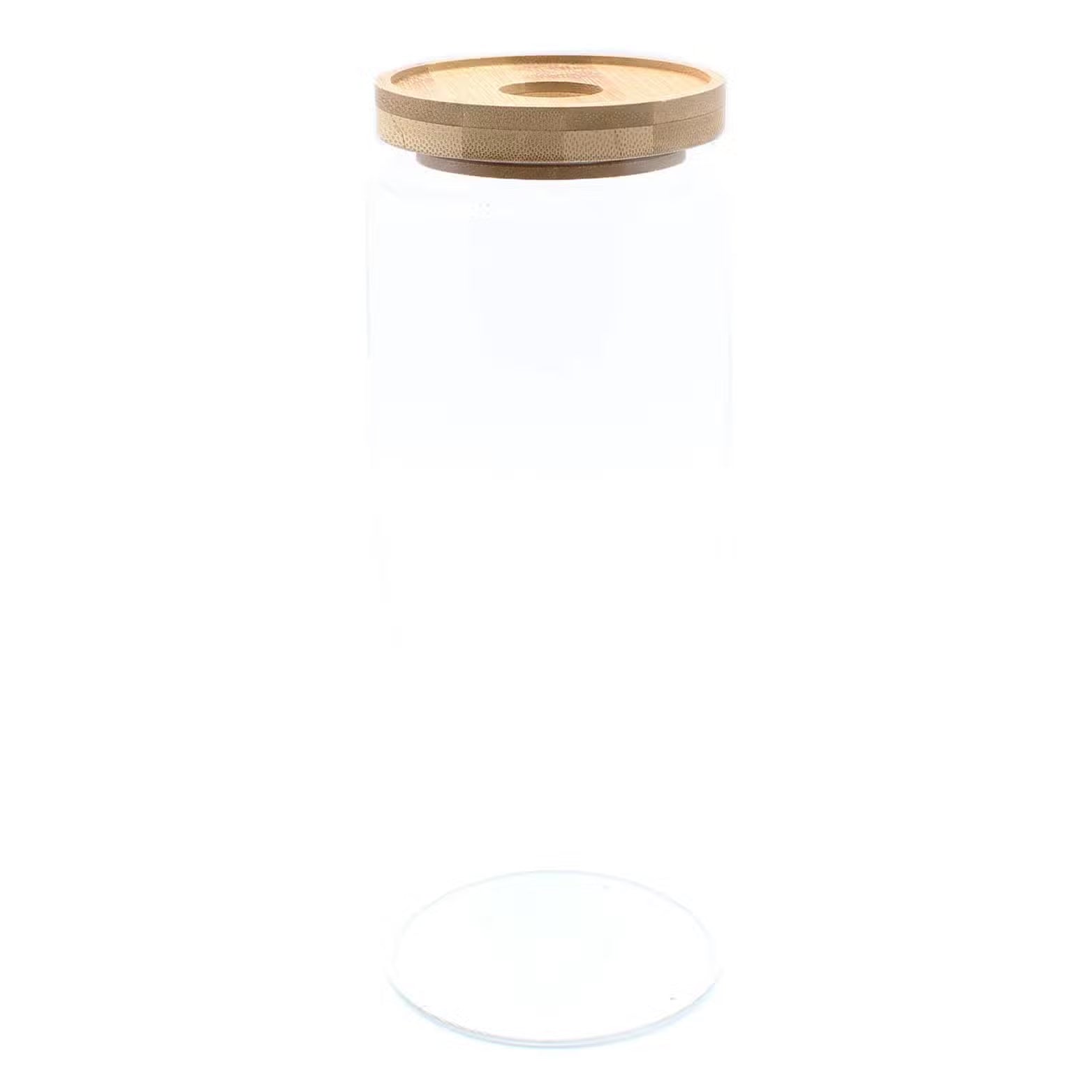Cottage Bamboo Glass Jar with Bamboo Lid - 25 cm, tall empty clear cylindrical jar with a round wooden-look lid by Quintessential Holistic Health Ltd