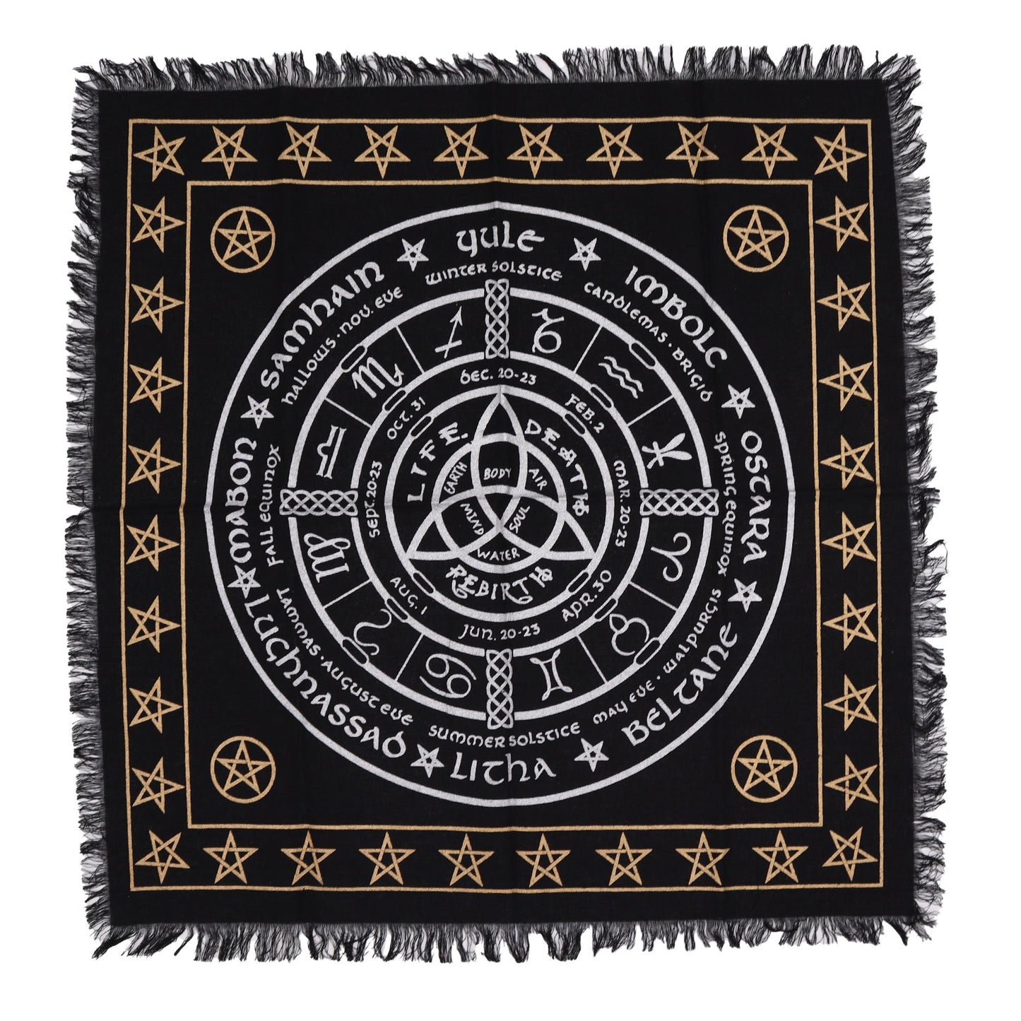 Esoteric Cotton Altar Cloth - Life, Death and Rebirth product packaging on clean background from Quintessential Holistic Health Ltd