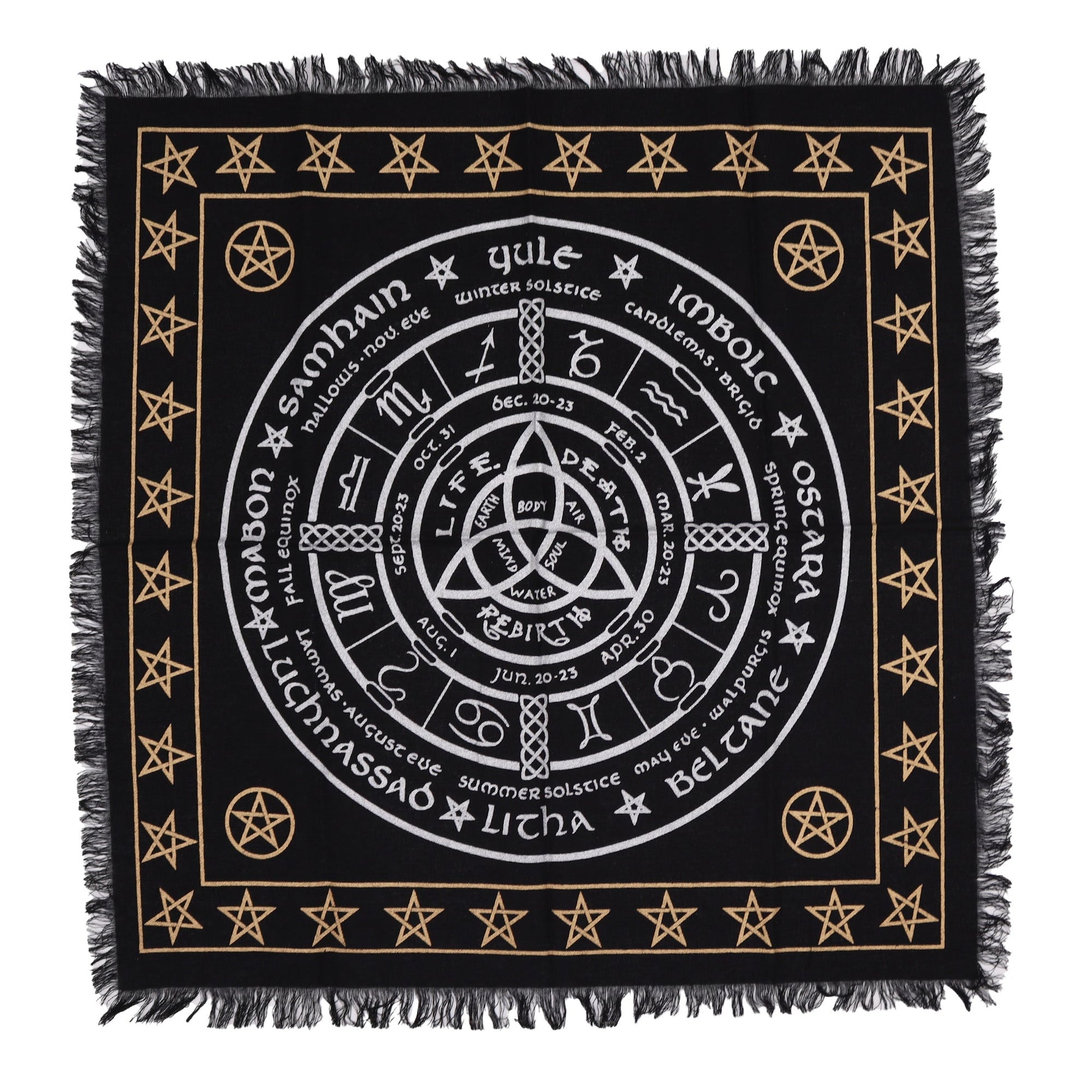 Esoteric Cotton Altar Cloth - Life, Death and Rebirth product packaging on clean background from Quintessential Holistic Health Ltd