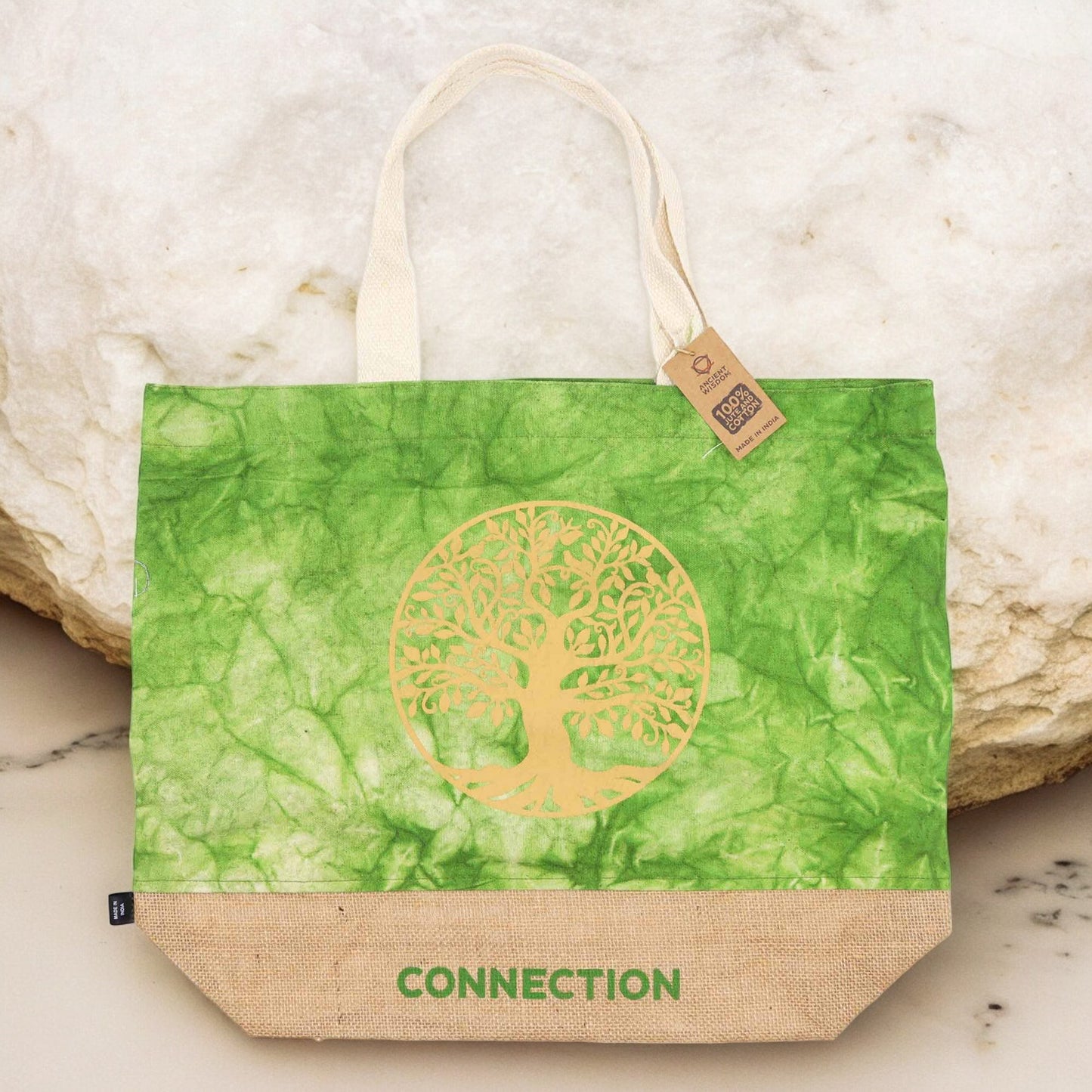 Stonewash Green All Natural Eco-Friendly Jute and Cotton Tote Bag - Tree of Life / Connection