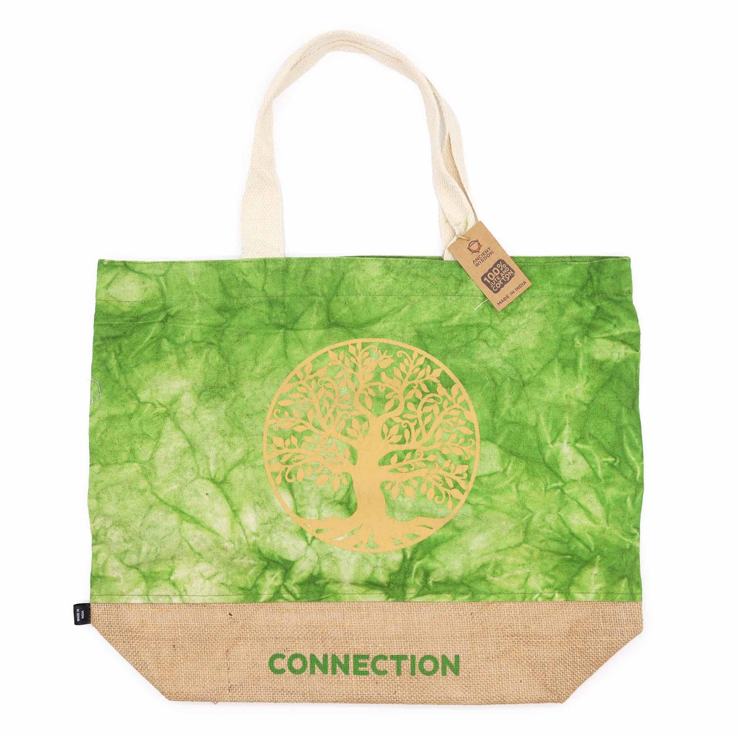 Green Stonewash Jute & Cotton Tote Bag - Tree of Life Connection with cream straps, gold tree motif and tan lower panel by Quintessential Holistic Health Ltd
