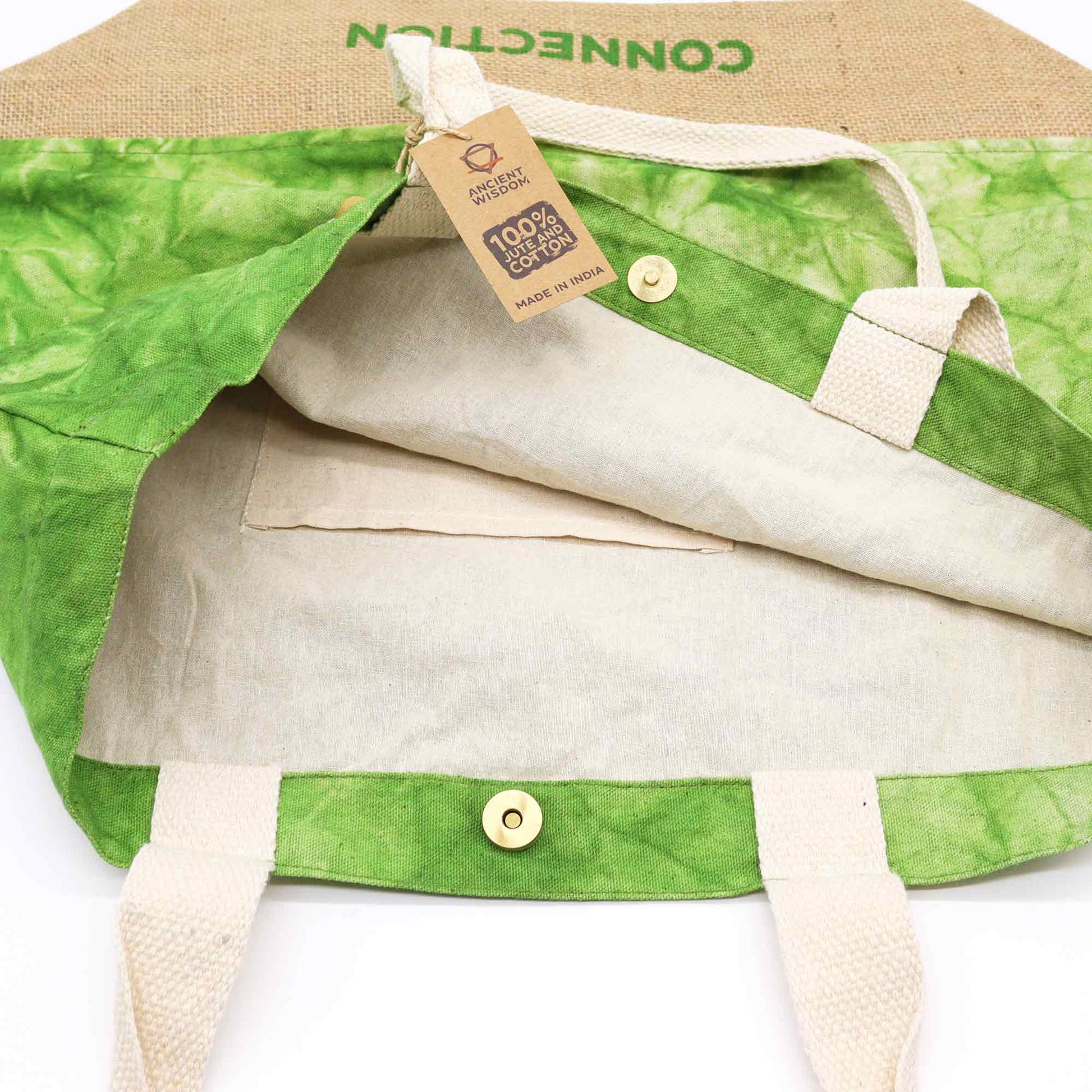 Green Stonewash Jute & Cotton Tote Bag - Tree of Life Connection opened to show its pale interior, inner pocket and button closure by Quintessential Holistic Health Ltd