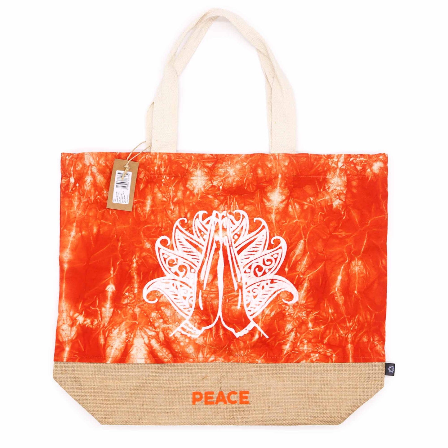 Orange Stonewash Jute & Cotton Tote Bag - Namaste Hand - Peace with cream straps, white hand motif and tan lower panel by Quintessential Holistic Health Ltd