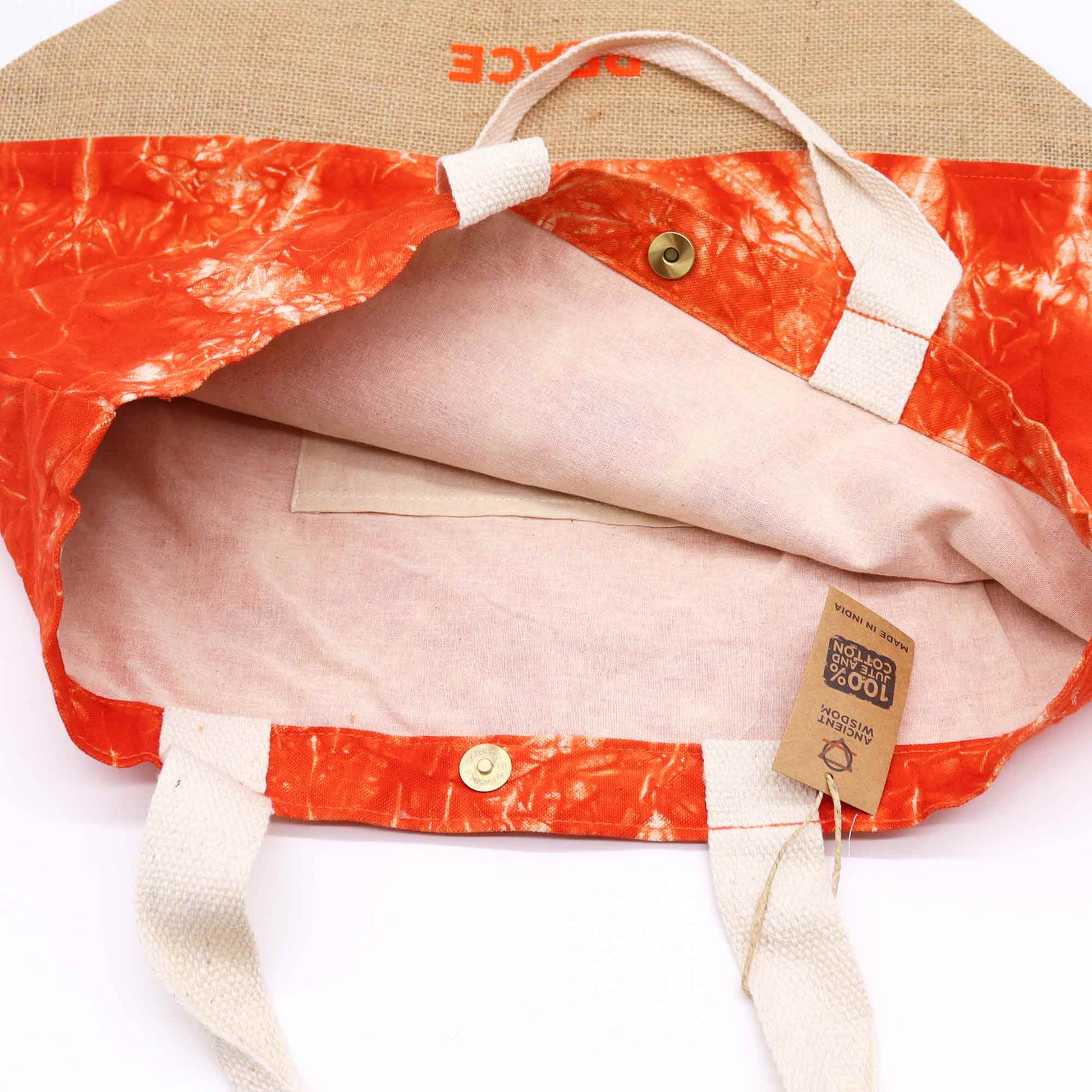 Orange Stonewash Jute & Cotton Tote Bag - Namaste Hand - Peace opened to show its pale interior, inner pocket and button closure by Quintessential Holistic Health Ltd