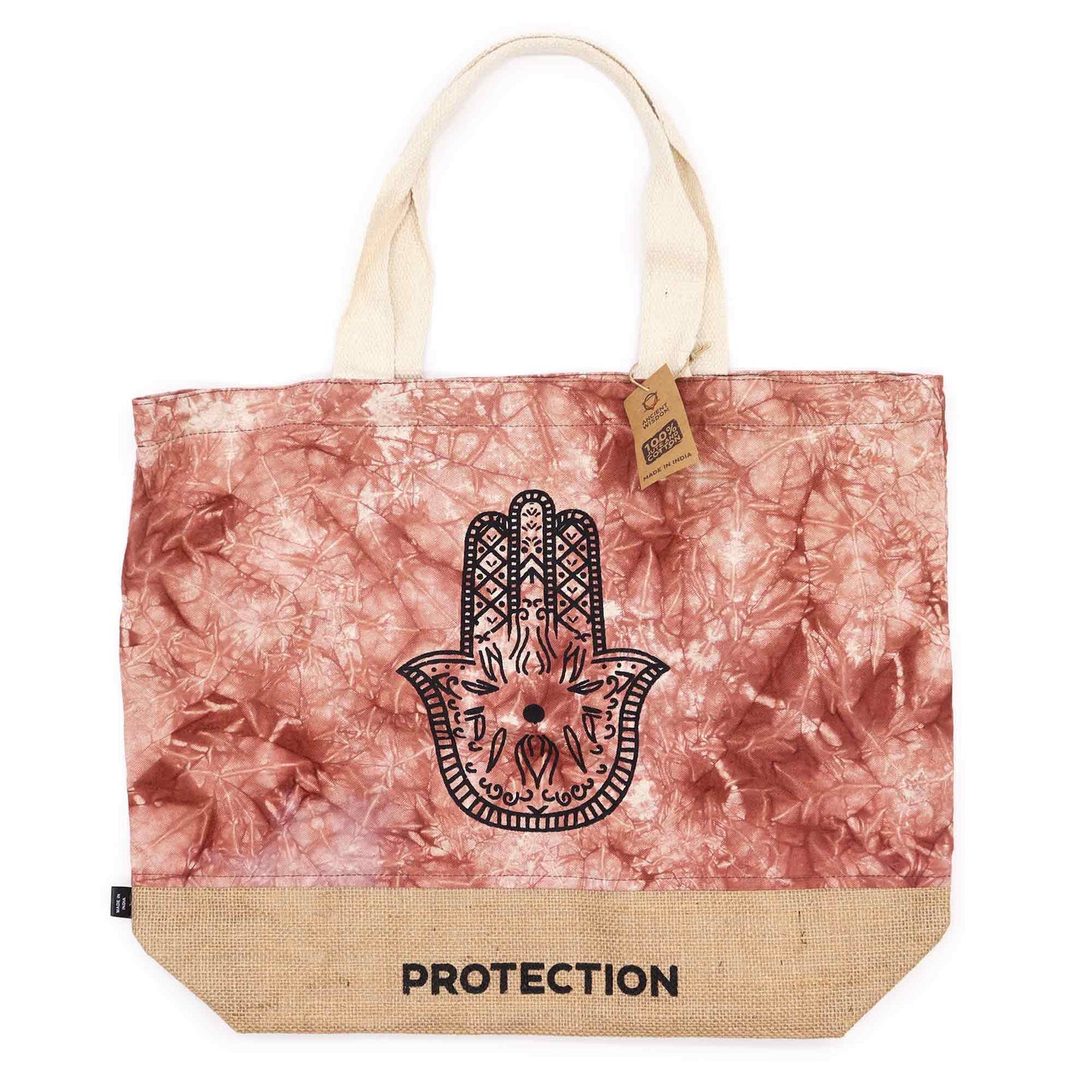 Terracotta Stonewash Jute & Cotton Tote - Hamsa Protection with cream straps, black Hamsa motif and tan lower panel by Quintessential Holistic Health Ltd