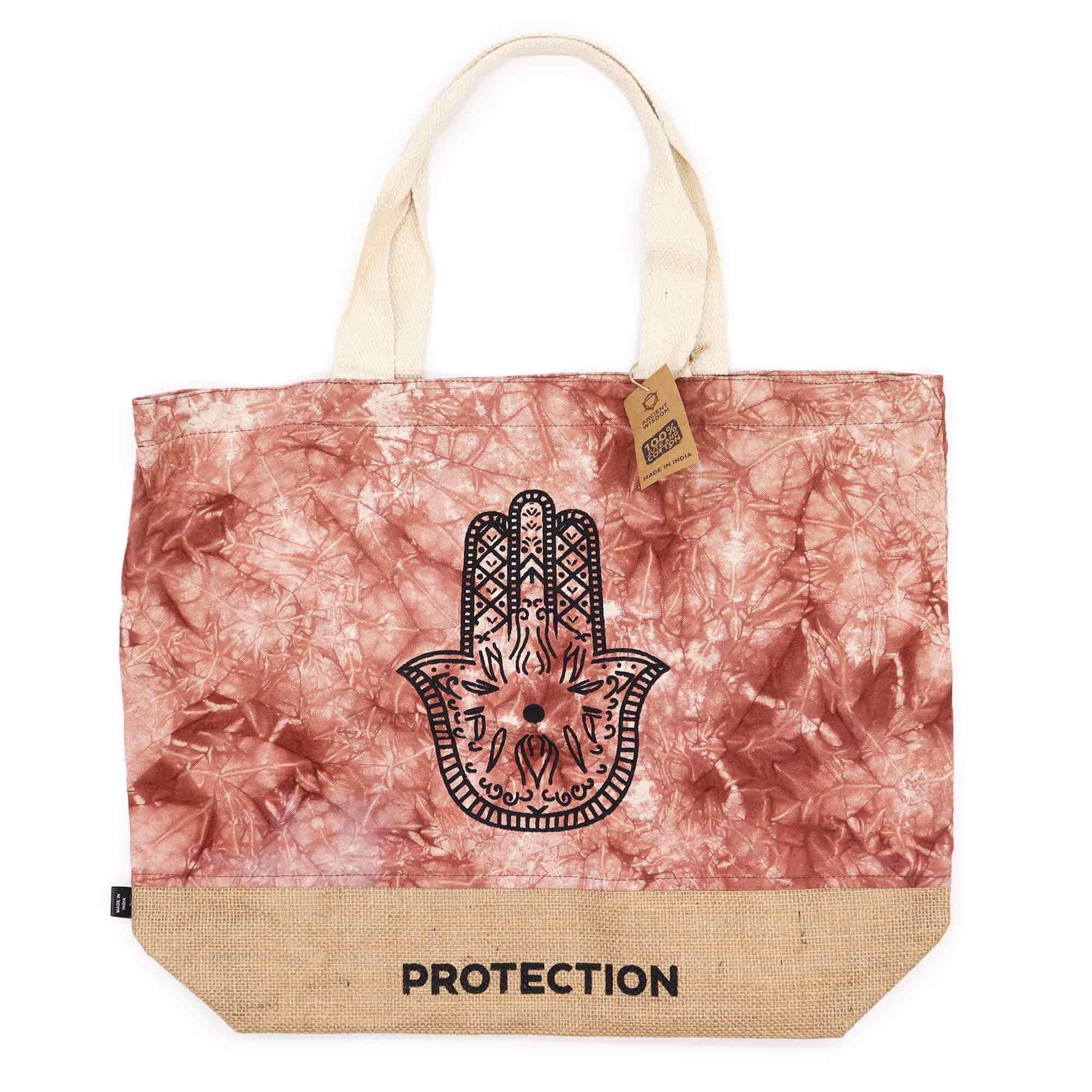 Terracotta Stonewash Jute & Cotton Tote - Hamsa Protection with cream straps, black Hamsa motif and tan lower panel by Quintessential Holistic Health Ltd