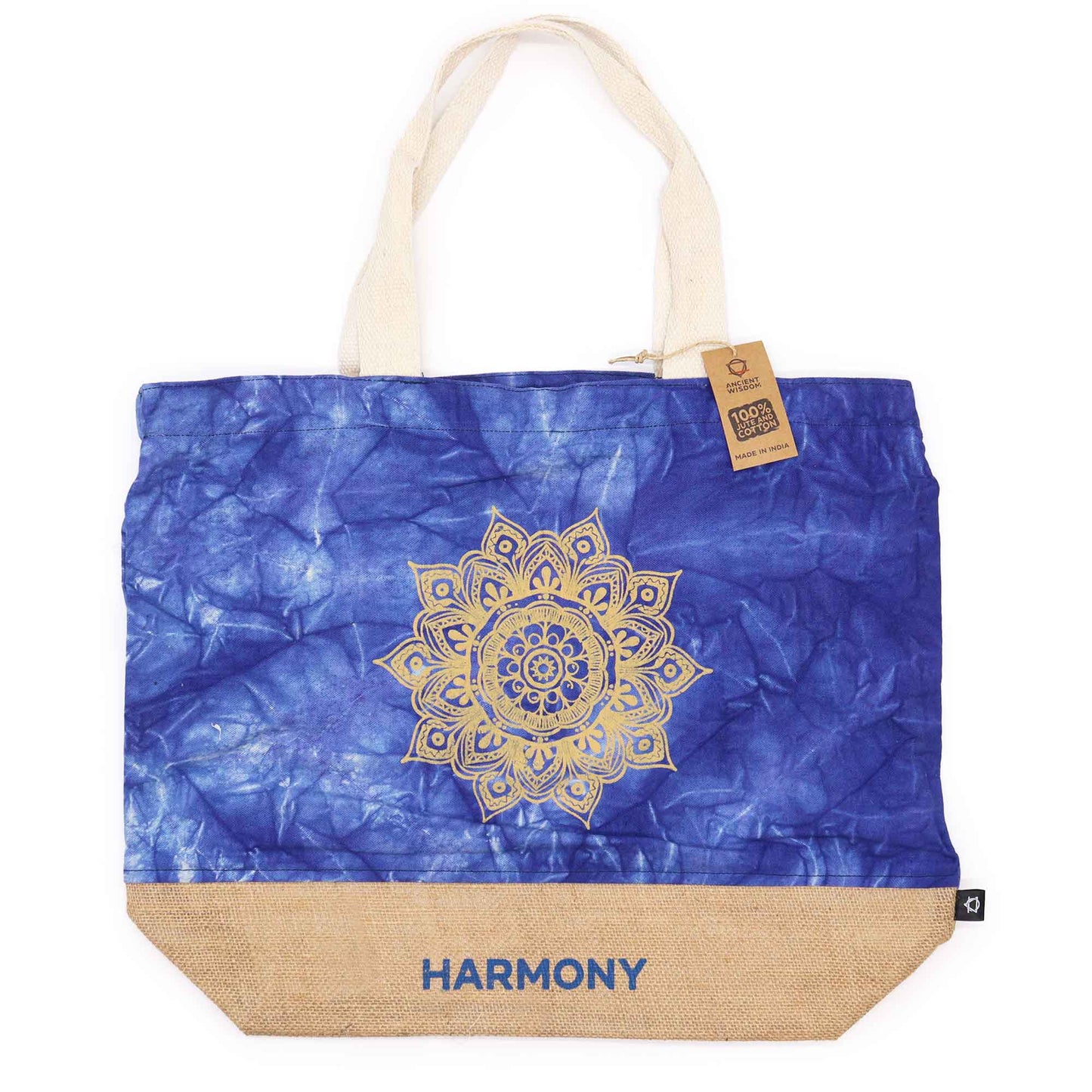 Blue Stonewash Jute & Cotton Tote Bag - Mandala - Harmony with cream straps, gold mandala motif and tan lower panel by Quintessential Holistic Health Ltd