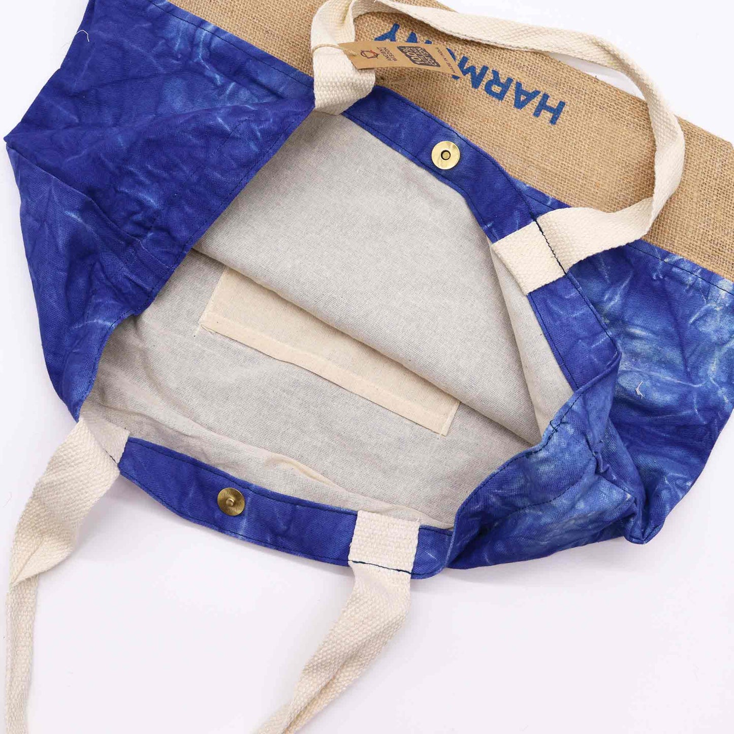 Blue Stonewash Jute & Cotton Tote Bag - Mandala - Harmony opened to show its pale interior, inner pocket and button closure by Quintessential Holistic Health Ltd