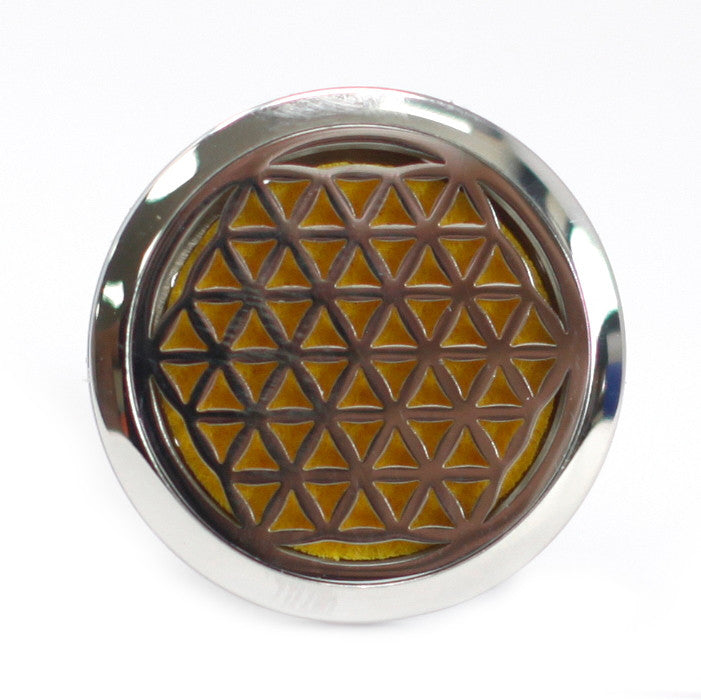 Car Essential Oil Air Freshener Diffuser Kit inc 10 Refill Pads - Flower of Life product packaging on clean background from Quintessential Holistic Health Ltd
