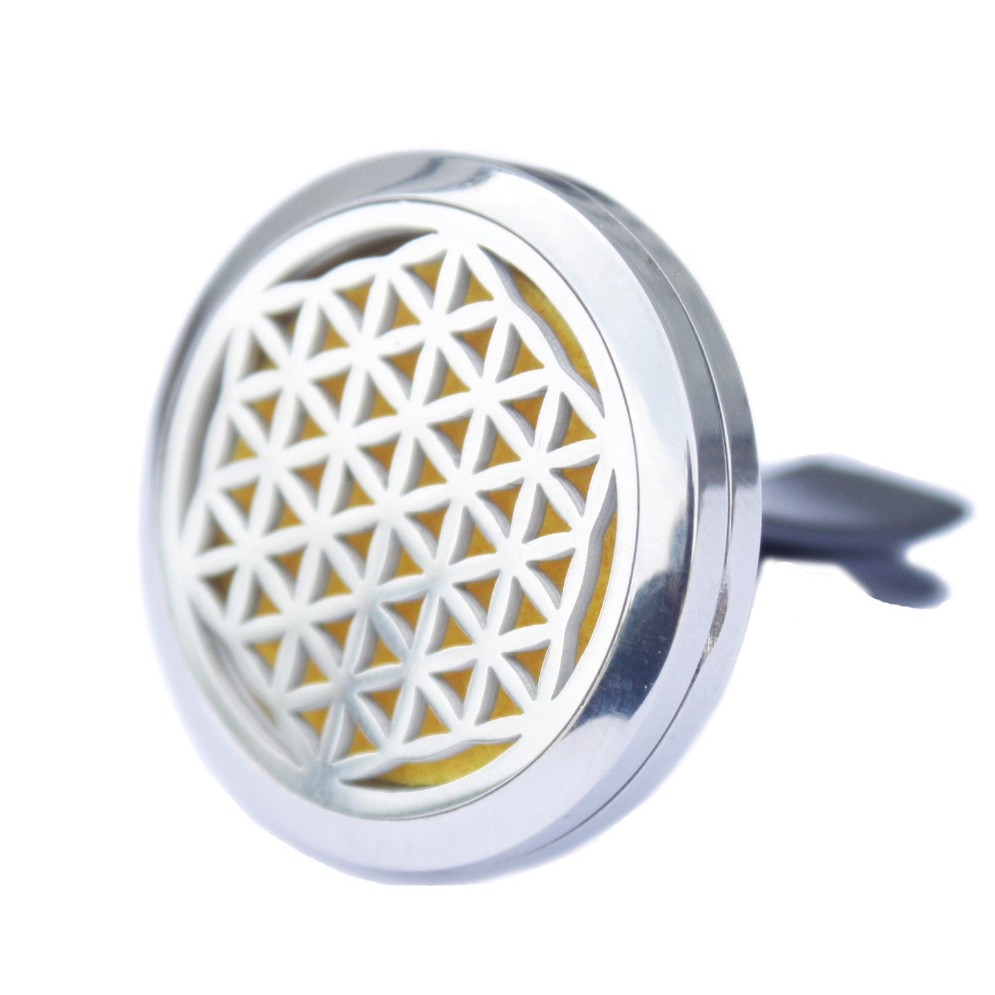 Car Essential Oil Air Freshener Diffuser Kit inc 10 Refill Pads - Flower of Life product packaging on clean background from Quintessential Holistic Health Ltd