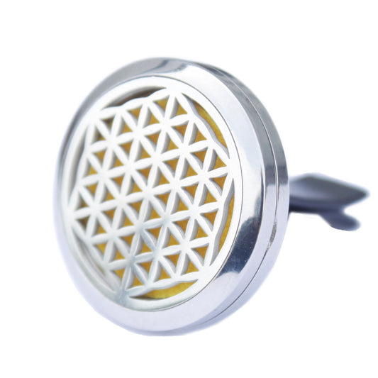 Car Essential Oil Air Freshener Diffuser Kit inc 10 Refill Pads - Flower of Life product packaging on clean background from Quintessential Holistic Health Ltd