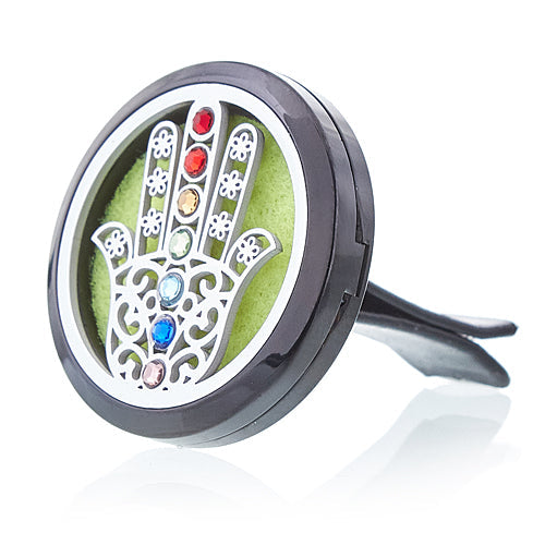 Car Essential Oil Air Freshener Diffuser Kit inc 10 Refill Pads - Hamsa product packaging on clean background from Quintessential Holistic Health Ltd