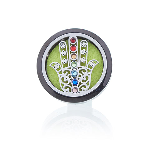Car Essential Oil Air Freshener Diffuser Kit inc 10 Refill Pads - Hamsa product packaging on clean background from Quintessential Holistic Health Ltd