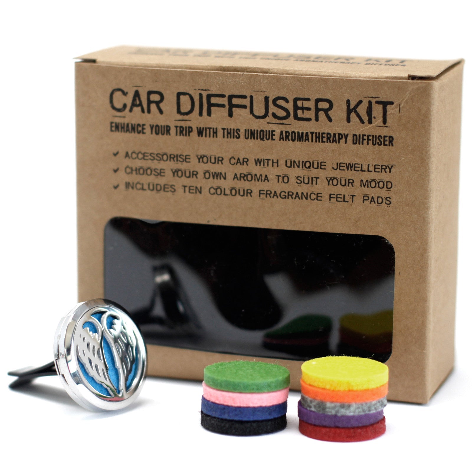 Car Essential Oil Air Freshener Diffuser Kit inc 10 Refill Pads - Angel Wings product packaging on clean background from Quintessential Holistic Health Ltd