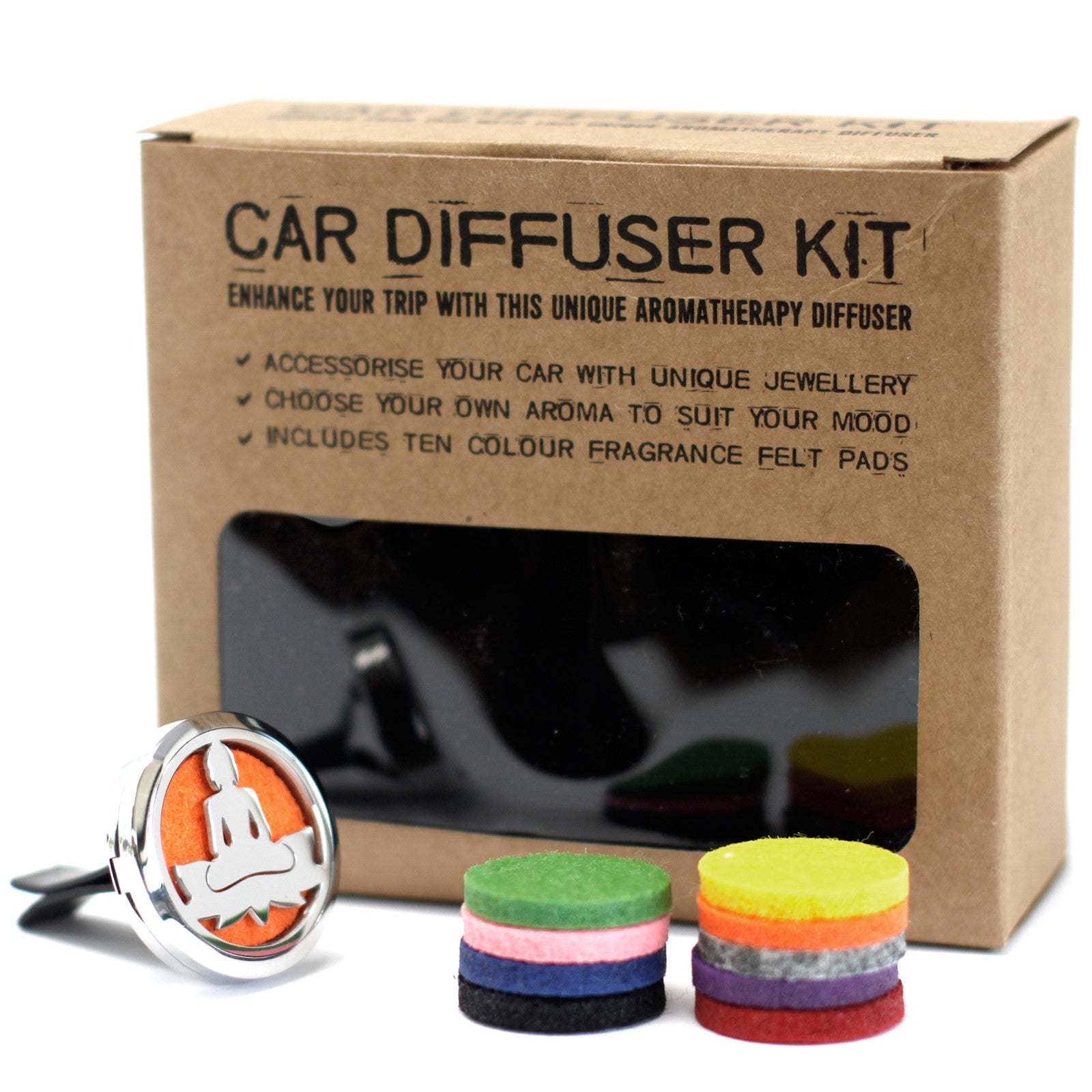 Car Essential Oil Air Freshener Diffuser Kit inc 10 Refill Pads - Lotus Buddha product packaging on clean background from Quintessential Holistic Health Ltd