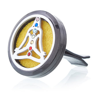 Car Essential Oil Air Freshener Diffuser Kit inc 10 Refill Pads - Pewter Yoga Chakra product packaging on clean background from Quintessential Holistic Health Ltd