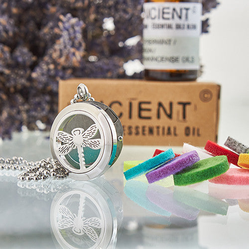 Aromatherapy Essential Oil Chain Necklace - Small / Dragonfly product packaging on clean background from Quintessential Holistic Health Ltd