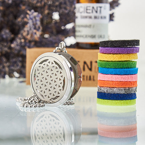 Aromatherapy Essential Oil Chain Necklace - Large / Flower of Life product packaging on clean background from Quintessential Holistic Health Ltd