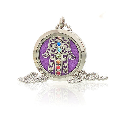 Aromatherapy Essential Oil Chain Necklace - Hamsa Chakra - Large, round pendant with a purple centre, hand motif and multicoloured stones by Quintessential Holistic Health Ltd