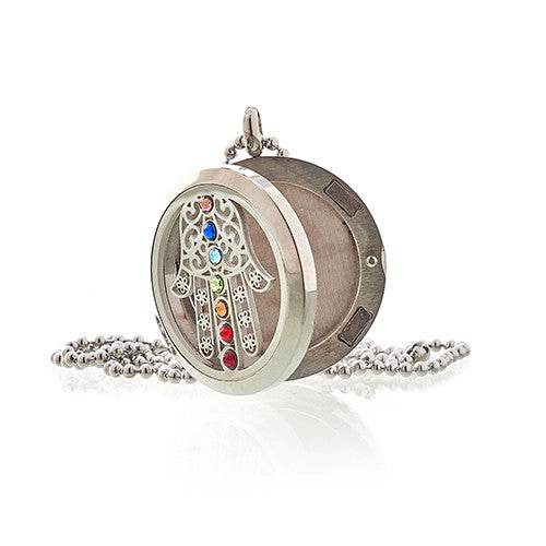Aromatherapy Essential Oil Chain Necklace - Hamsa Chakra - Large with its round pendant open beside the chain by Quintessential Holistic Health Ltd